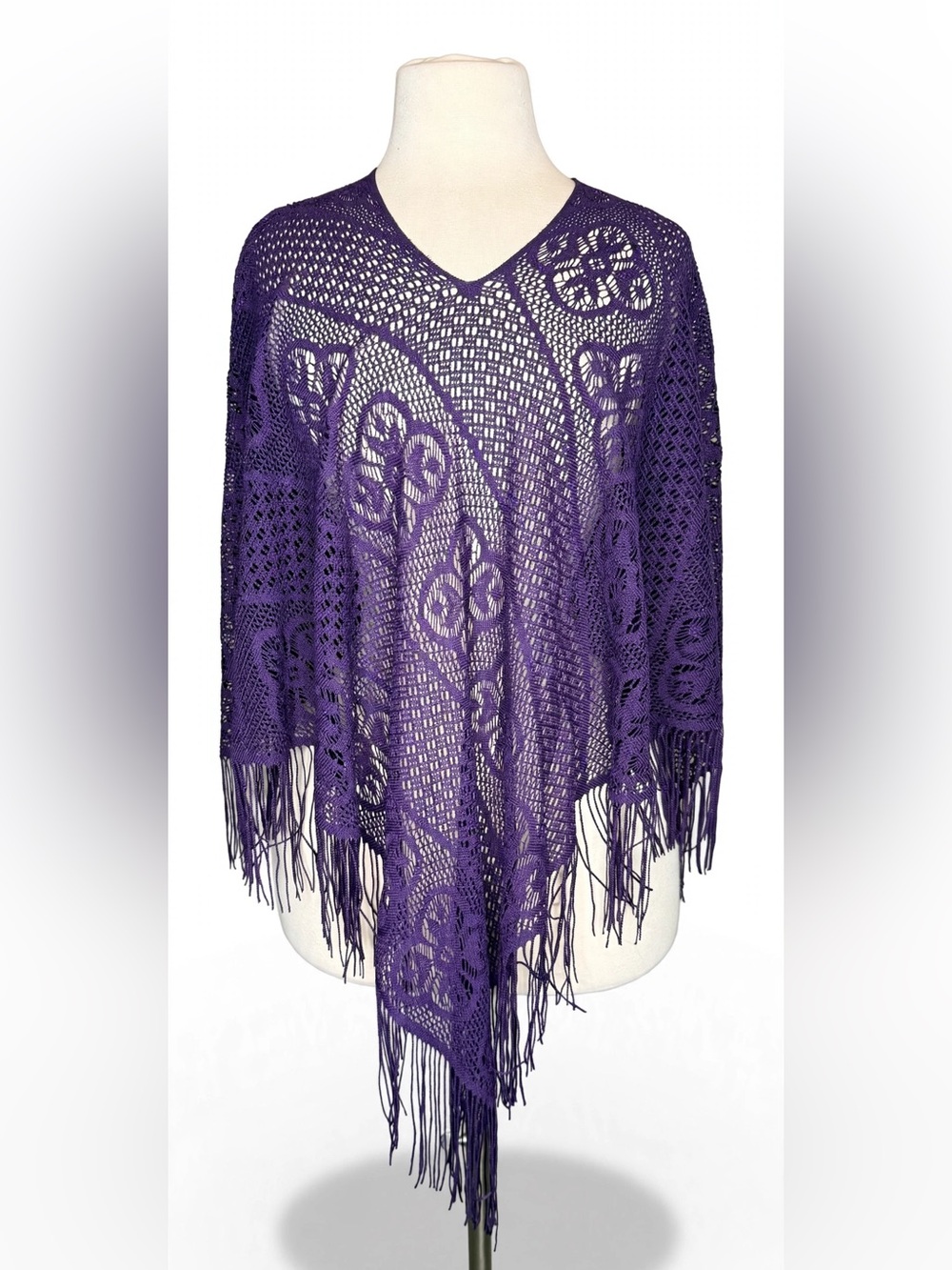 Purple Crochet Lace Poncho Shawl Floral Open Knit Fringe Boho Festival